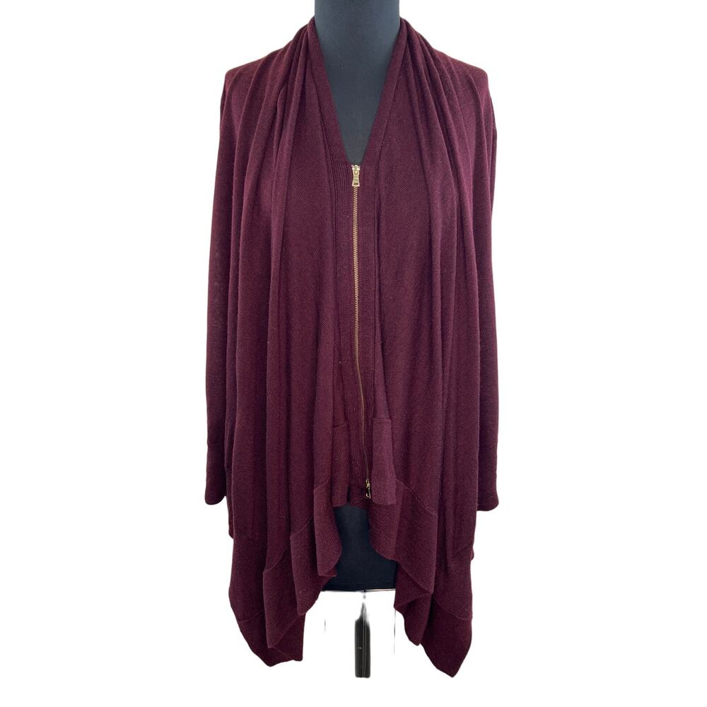 525 America Burgundy Knit Draped Zip Up Long Sleeve Cardigan Sweater S Small